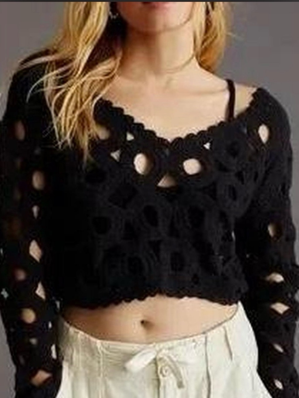 Maeve Black Cropped Open-Knit Off-the-Shoulder Sweater